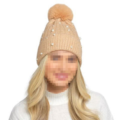 A2Z Ladies Hat Ribbed Pearls Knit Bobble Pom Pom Winter Warm Cozy Women Hats