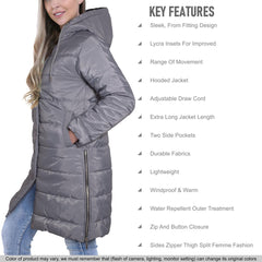 Ladies Adults Long Sleeve Oversized Steel Grey Hooded Quilted Padded Coat Jacket