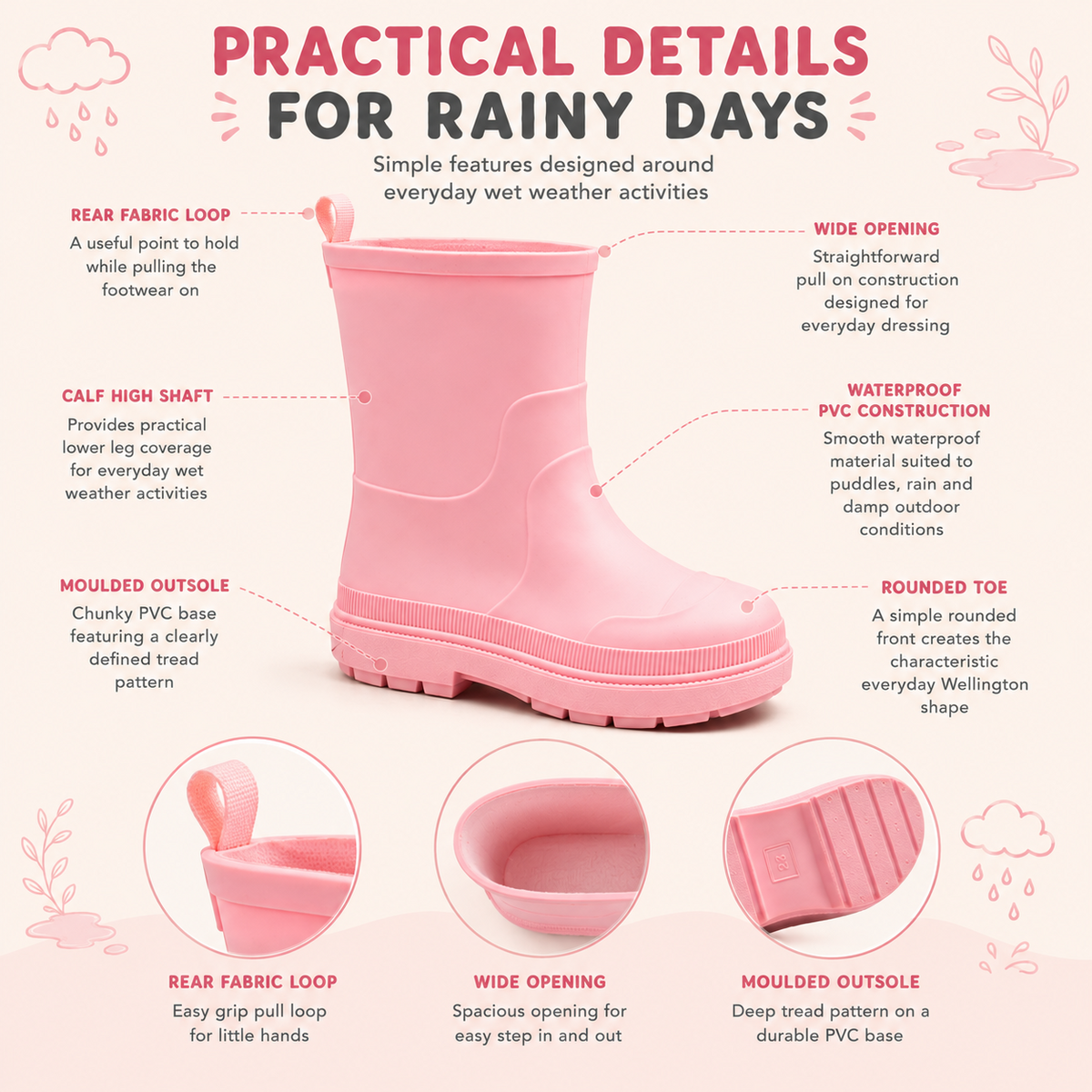 Kids Girls Wellington Wellies Non-Slip Waterproof Lightweight Rain Boots