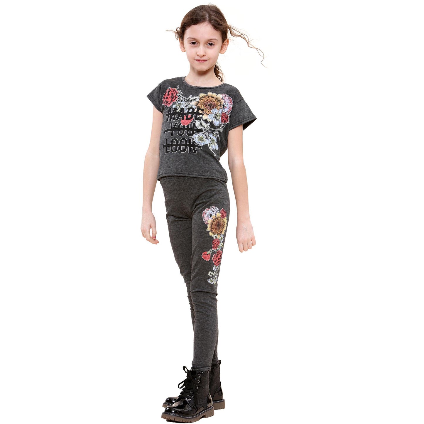 Girls Top Kids Short sleeves Made You Look Print Crop Top & Legging Set 5-13 Yrs