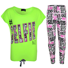 Kids Girls #Selfie T Shirt Top & Fashion Selfie Graffiti Legging Set 7-13 Years