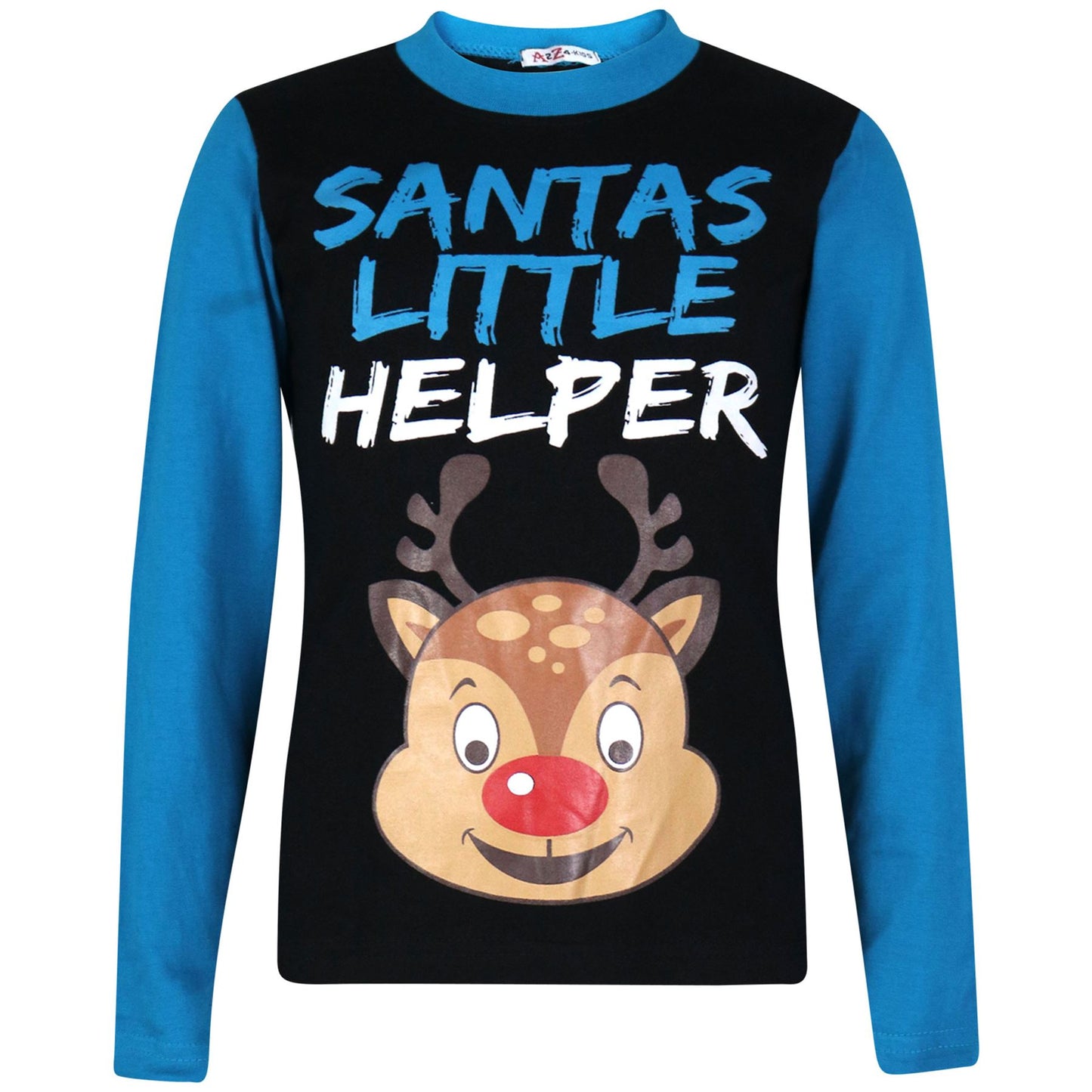 Kids Girls Boys Pyjamas Santas Little Helper Reindeer Contrast Sleeves Xmas PJS