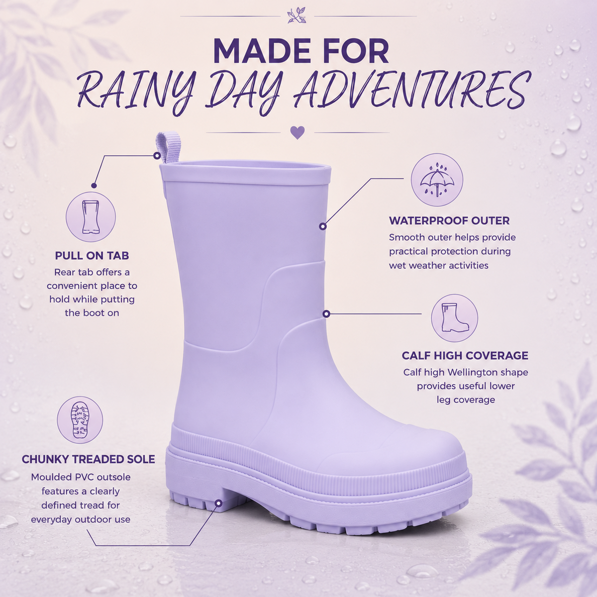 Kids Girls Wellington Wellies Non-Slip Waterproof Lightweight Rain Boots