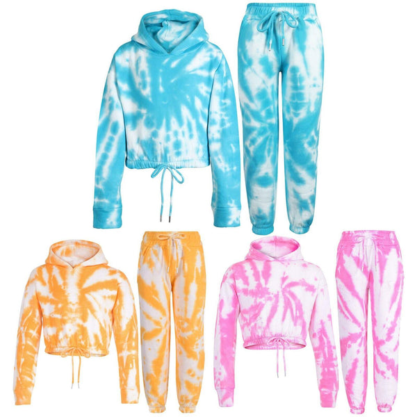 Kids Tie Dye Tracksuit Gym Cropped Hoodie Sweatpants Cord Set Girls Age 5-13