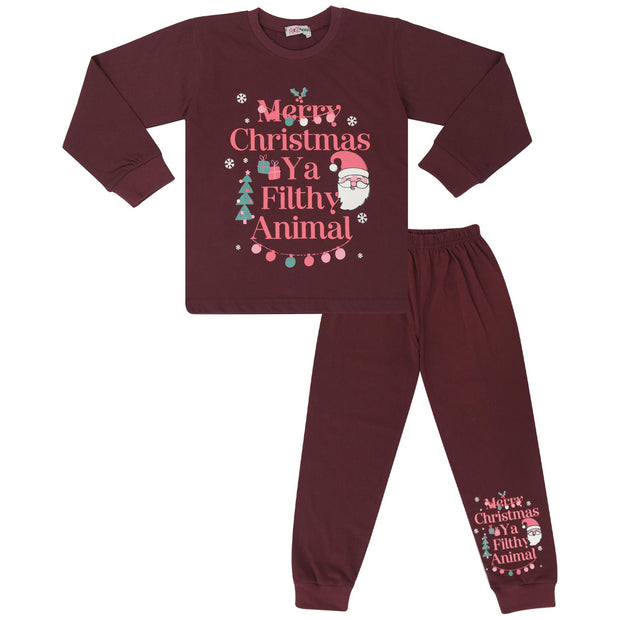 A2Z 4 Kids Girls Christmas Pyjamas Children PJs 2 Piece Festive Set Ya Filthy Animal Santa Print Wine Lounge Suit for Children Unisex Top Bottom Pyjamas Loungewear Gifts Age 2-13 Years