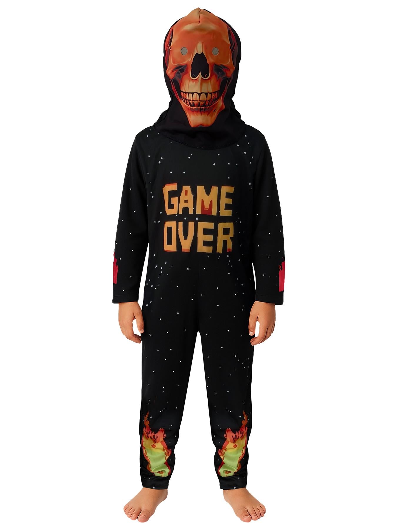 A2Z 4 Kids Game Over Skeleton Costume Halloween Fancy Dress Spooky Gamer Cosplay