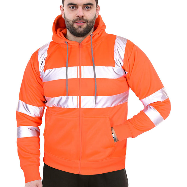 A2Z High Visibility Safe Work Hooded Zipper Two Tone Reflective Tape Pullover Sweatshirt Hi Vis Viz Casual Workout Safety Zip Up Hoodie Workwear For Men's Small Mediuam Large XL 2XL 3XL 4XL