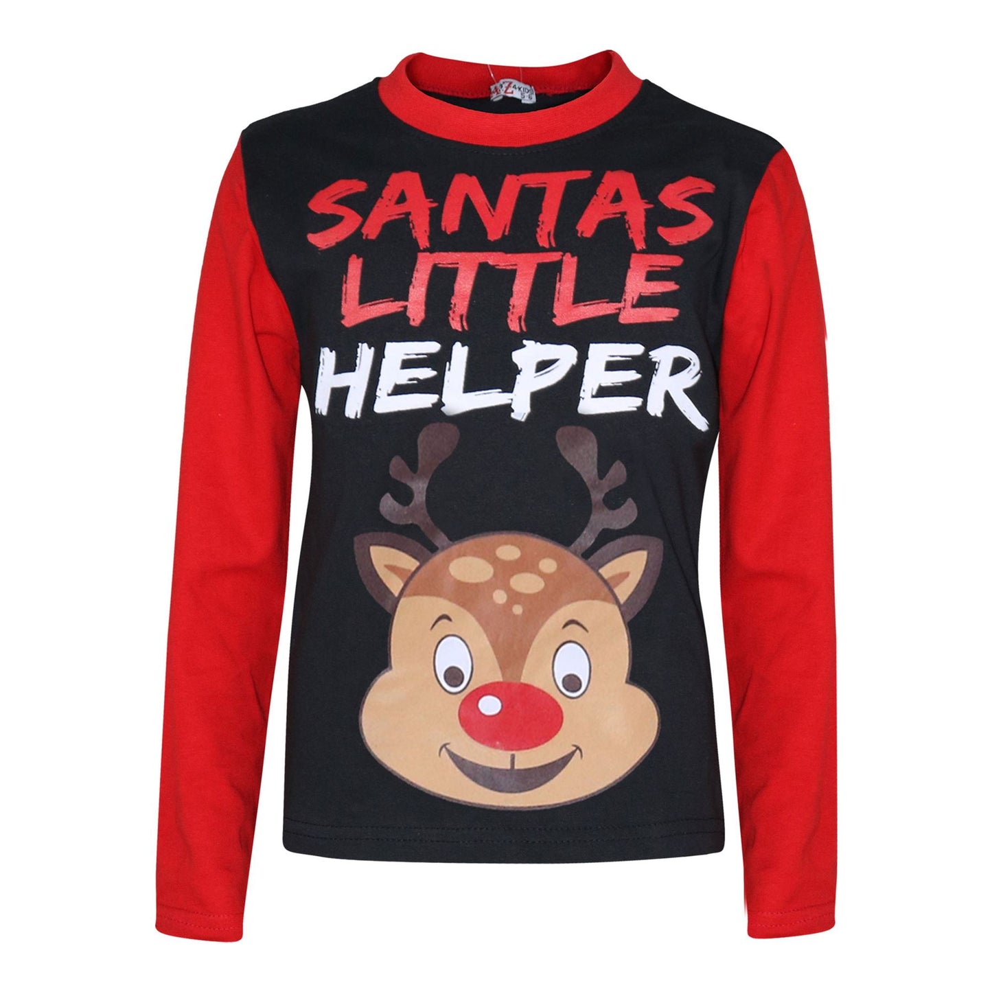 Kids Girls Boys Pyjamas Santas Little Helper Reindeer Contrast Sleeves Xmas PJS