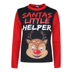 Kids Girls Boys Pyjamas Santas Little Helper Reindeer Contrast Sleeves Xmas PJS