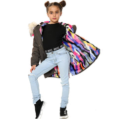 Kids Faux Fur Lined Parka Coat Rainbow Fur Hooded Jacket Girls Boys Age 2-13 Yrs