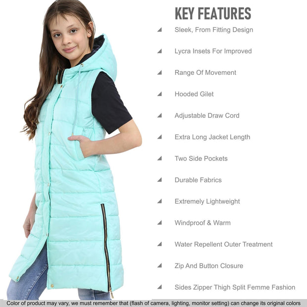 A2Z Kids Girls Fashion Oversized Hooded Quilted Gilet Mint Color Padded Long Line Vest Jacket Long Sleeveless Coat Urban Winter Wear Coat 7-13 Years