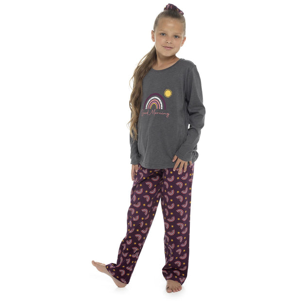 Kids Girls Soft Cotton Twosie Pyjamas With Scrunchie Comfortable Loungewear PJS