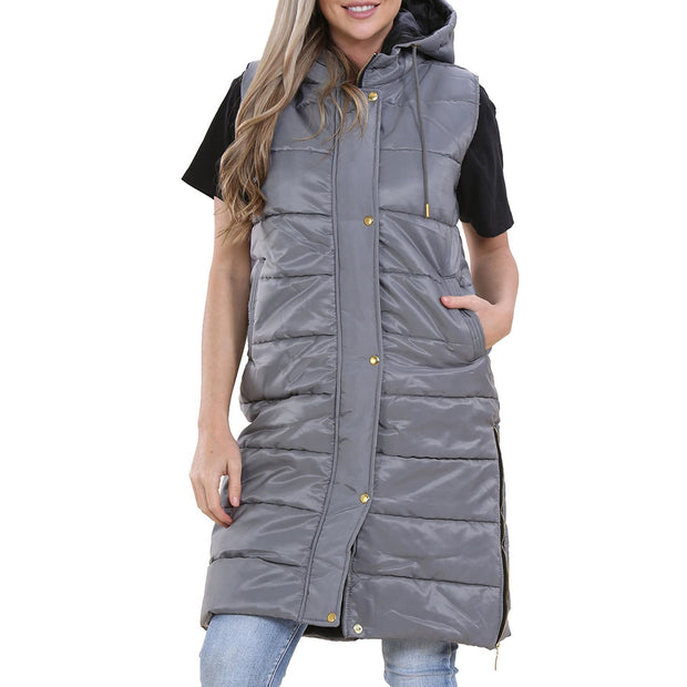 A2Z Ladies Adults Sleeveless Gilet Oversized Hooded Steel Grey Quilted Gilet Padded Long Line Vest Jacket Sleeveless Coat Urban Winter Wear