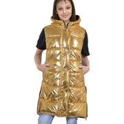 A2Z Kids Girls Fashion Oversized Hooded Quilted Gilet Golden Foil Color Padded Long Line Vest Jacket Long Sleeveless Coat Urban Winter Wear Coat 7-13 Years