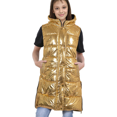 A2Z Kids Girls Fashion Oversized Hooded Quilted Gilet Golden Foil Color Padded Long Line Vest Jacket Long Sleeveless Coat Urban Winter Wear Coat 7-13 Years