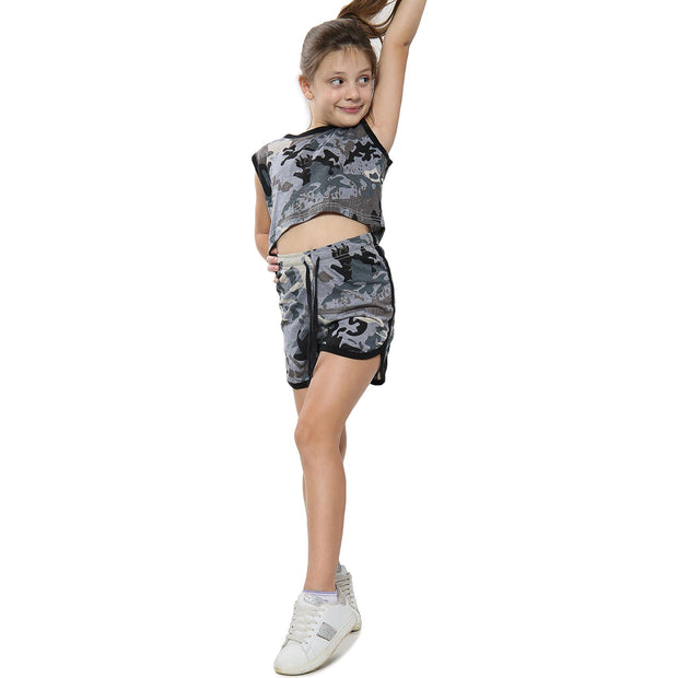 A2Z 4 Kids Kids Girls Shorts Set 100% Cotton Contrast Taped Trendy Fashion Summer Camouflage Charcoal T Shirt Top and Hot Short Pants Outfit Set New Age 5 6 7 8 9 10 11 12 13 Years