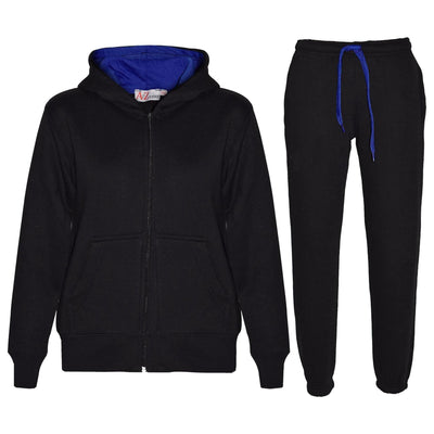 A2Z 4 Kids Unisex Plain Tracksuit Contrast Black And Royal Blue Fleece Hoodie with Joggers Jogging Sweatpants Pants Sports Activewear Outfit Set For Girls Boys Age 3 4 5 6 7 8 9 10 12 13 Years