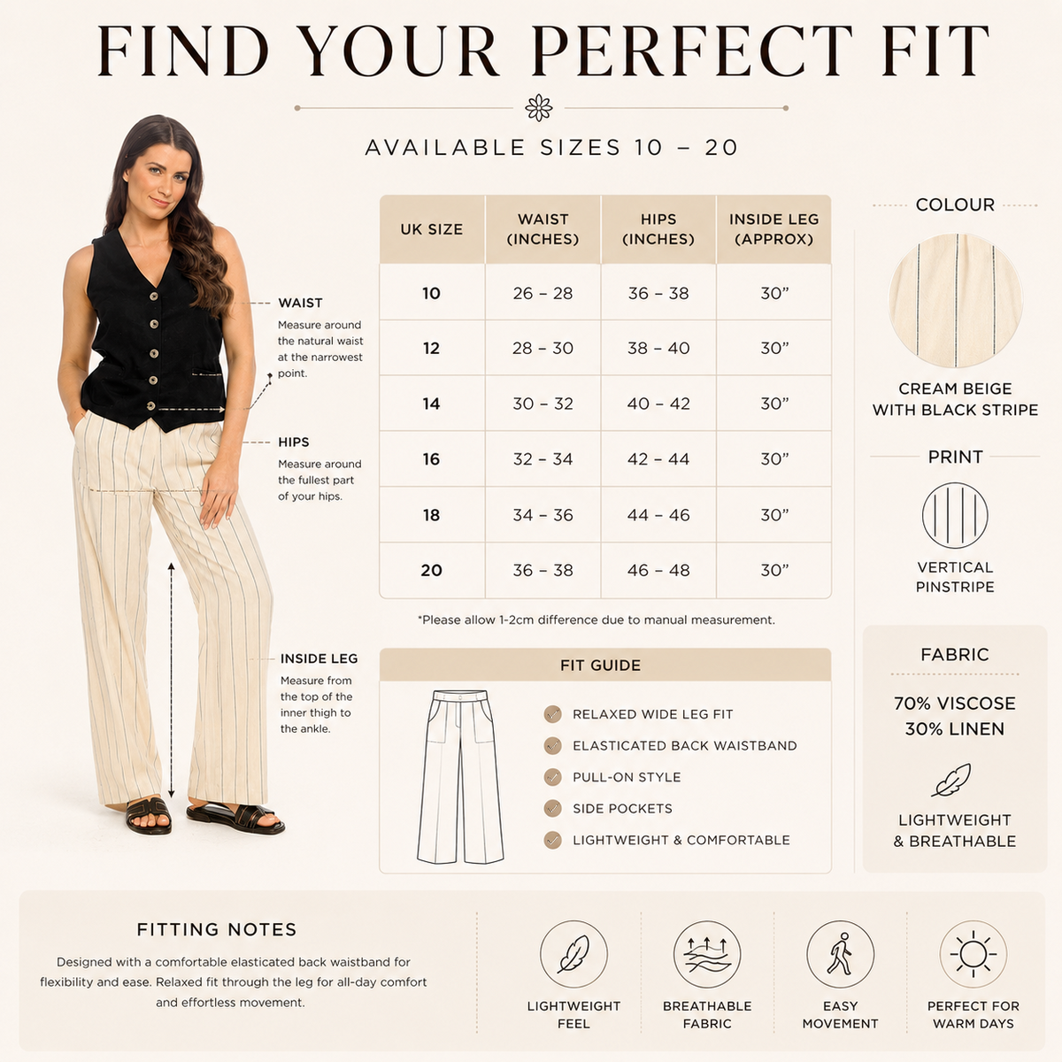 Ladies Linen Blend Elasticated Back Stripe Wide Leg Summer Holiday Trousers