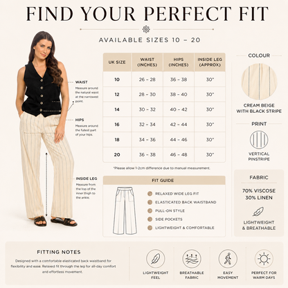 Ladies Linen Blend Elasticated Back Stripe Wide Leg Summer Holiday Trousers