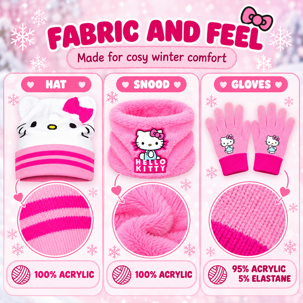 Hello Kitty Girls Hat Gloves Snood Set Pink Winter Neck Warmer Kids One Size