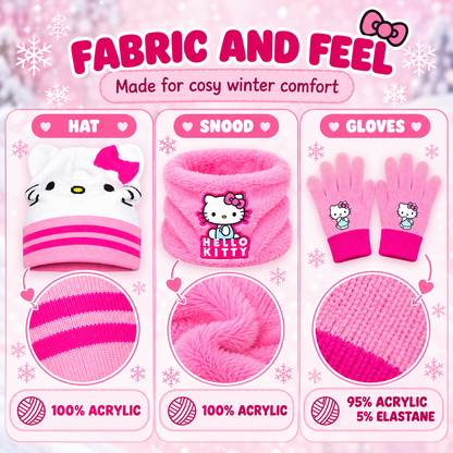 Hello Kitty Girls Hat Gloves Snood Set Pink Winter Neck Warmer Kids One Size