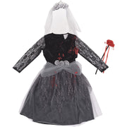 A2Z 4 Kids Girls Zombie Bride Halloween Fancy Dress Attire Bloody Eerie Corps Gown with Artificial Flowers and Bridal Veil Spooky Children's Halloween Outfit for Girls - A2Z 4 Kids