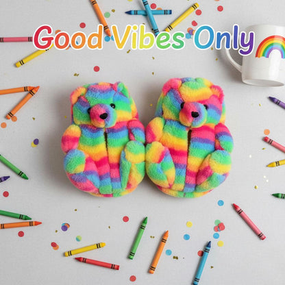 Kids Girls Womens 3D Rainbow Bear Slippers Cute Animal Face Soft Plush Warm Shoe