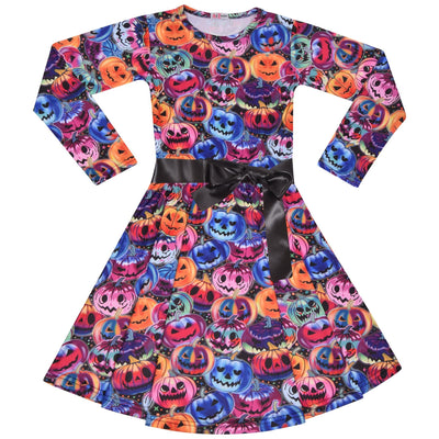 A2Z Kids Girls Skater Dress Long Sleeves Multi Color Pumpkins Print Soft Comfortable Halloween Party Fashion Dresses Age 5-6, 7-8, 9-10, 11-12 & 13 years - A2Z 4 Kids