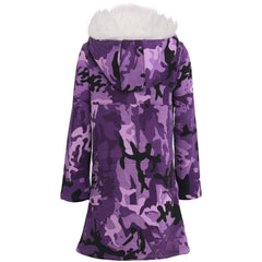 Kids Hooded Camo Parka Jacket Faux Fur Coat For Girls Age 5-13 Years