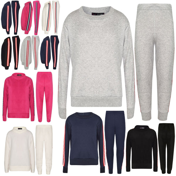 Kids Jogging Suit Girls Plain Stripes Lounge Suit Tracksuit Top Bottom 2-13 Year