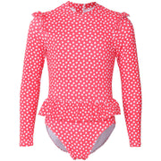 Kids Girls One Piece Swimsuit Ruffle Trim Long Sleeve Swimming Costume 2-14 Yrs