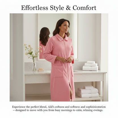 Ladies Towelling Bathrobe Front Zip Dressing Gown Long Sleeves & Deep Pockets