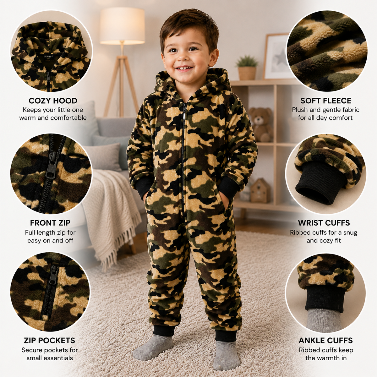Kids Girls Boys A2Z Onesie One Piece Soft Fluffy Camouflage All In One Jumpsuit