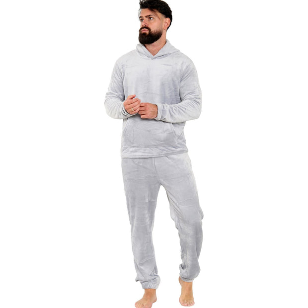 Mens Pyjamas Soft Warm Fleece Adults Hooded Pyjamas 2 Piece Gift Set For Mens
