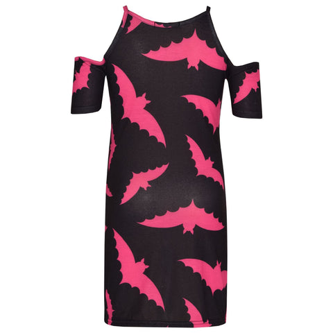 Kids Girls Halloween Midi Dress Bat Print Cold Off Shoulder Dresses Tops 7-13 Yr