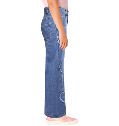 Kids Girls High Waist Wide Leg Denim Palazzo Jeans Distressed Heart Trousers