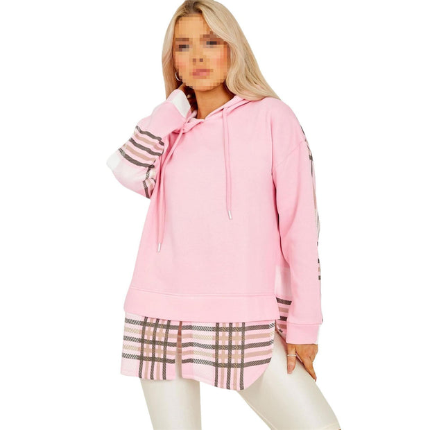 Ladies Hooded Shacket Check Print Colour Block Zip Up Shirt Jacket Oversize Coat