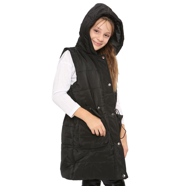 A2Z Kids Girls Down Vest Fashion Oversized Black Hooded Quilted Gilet Padded Long Line Vest Jacket Long Sleeveless Coat Urban Winter Wear Age 7-13 Yr