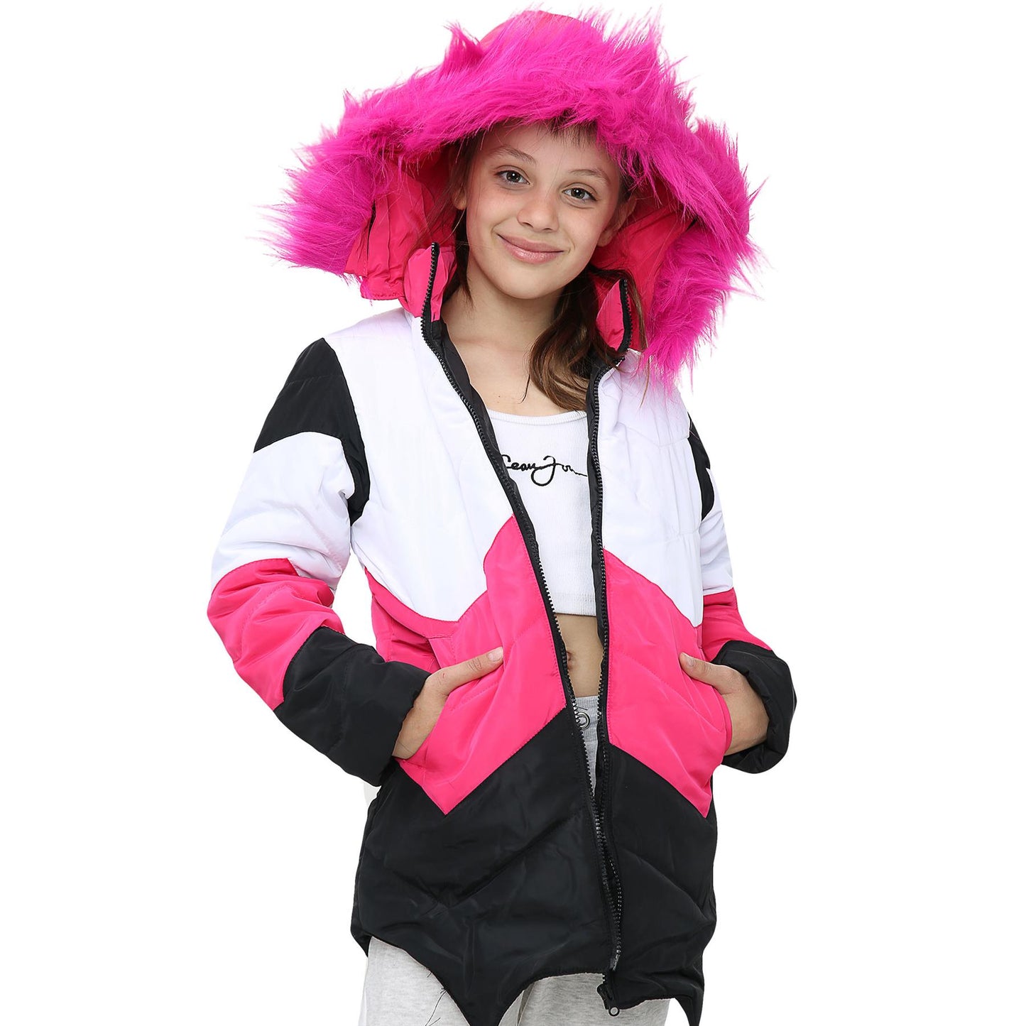 Kids Hooded Contrast Panel Puffer Coat Faux Fur Jacket For Girls 2-13yrs
