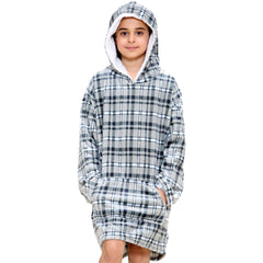 Kids Girls Boys Oversized Hoodie Blue Tartan Printed Snuggle Soft Fleece Blanket