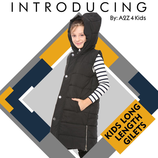 A2Z Kids Girls Black Hooded Quilted Gilet Padded Long Line Vest Down Vest Oversized Jacket Long Sleeveless Coat Urban Winter Wear Age 7 8 9 10 11 12 13 Years