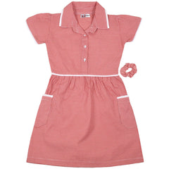 Kids Girls Gingham School Dress Check Dresses With Matching Scrunchies 2-14