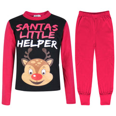 Kids Girls Boys Pyjamas Santas Little Helper Reindeer Contrast Sleeves Xmas PJS