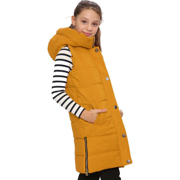 A2Z Kids Girls Down Vest Oversized Mustard Hooded Quilted Gilet Padded Long Line Vest Jacket Long Sleeveless Coat Urban Winter Wear 7-13 Years