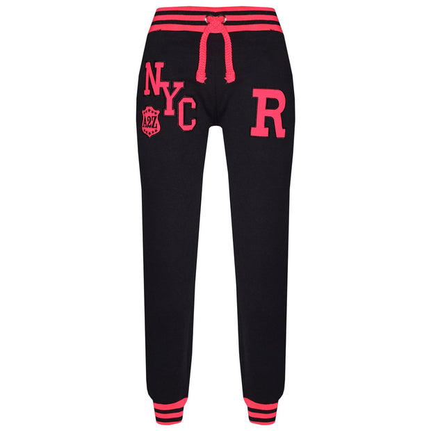 A2Z 4 Kids Girls Black & Neon Pink Baseball Tracksuit NYC Varsity Style Jacket & Trouser Sports Hoodie Bottom Joggers Age 2 3 4 5 6 7 8 9 10 11 12 13 Years