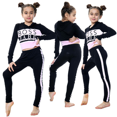 A2Z 4 Kids Girls Crop Top Boss Babe Printed Black Hooded Long Sleeves Top & Trendy Fashion Legging Outfit Sets New Age 7 8 9 10 11 12 13 Years