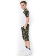 A2Z 4 Kids Two Colour Block Contrast Panel Camo Green Top & Shorts Set Short Sleeves T Shirt Summer Outfit 2 Piece Activewear Girls Boys Age 5-13 Years