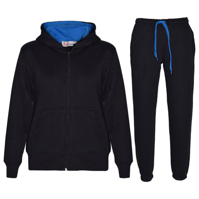 A2Z 4 Kids Contrast Plain Tracksuit Black And Blue Fleece Hoodie with Joggers Jogging Sweatpants Pants Sports Activewear Outfit Set For Childrens Girls Boys Age 2-13 Years