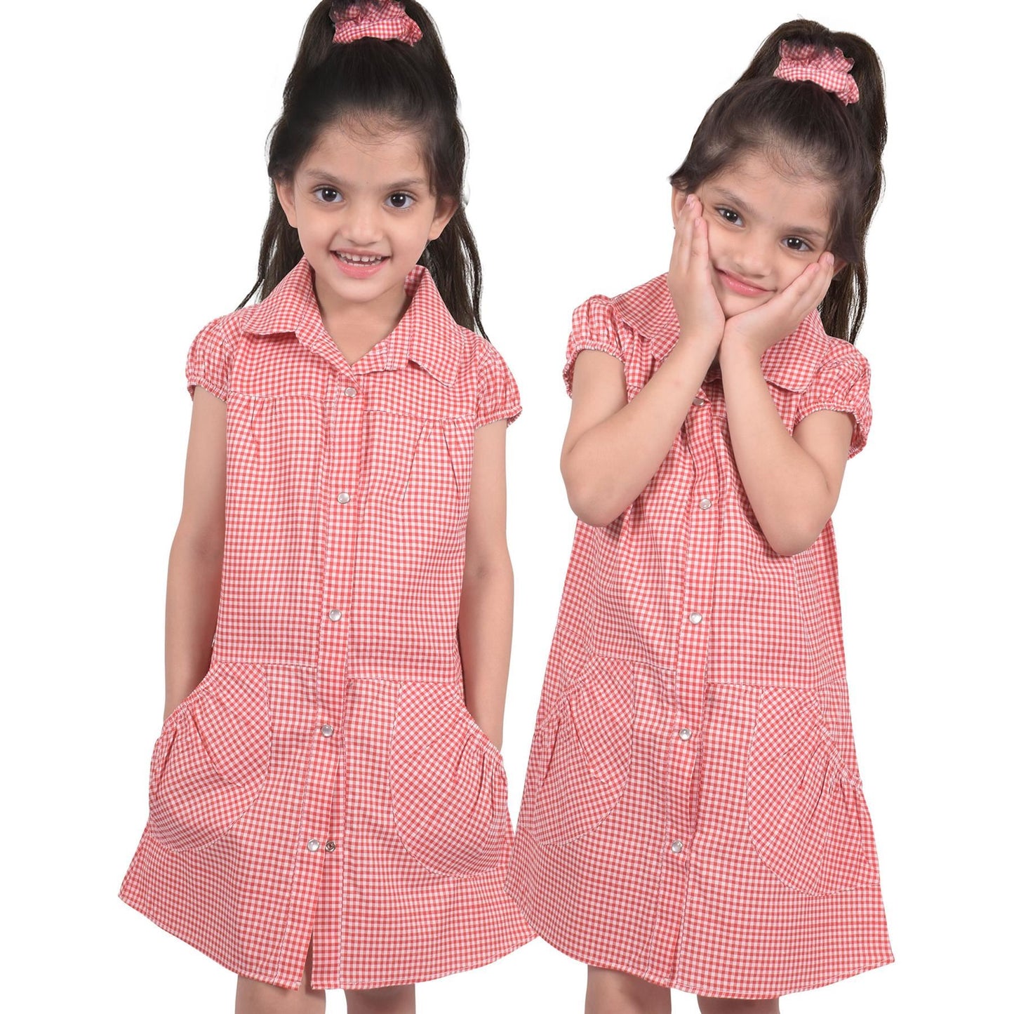 Kids Pack of 2 Girls Dress Breathable with Matching Scrunchies Age 3-14 Years