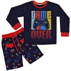 Kids Girls Boys Pyjamas Game Over Contrast Top Bottom 2 Piece PJS Sleepwear Set